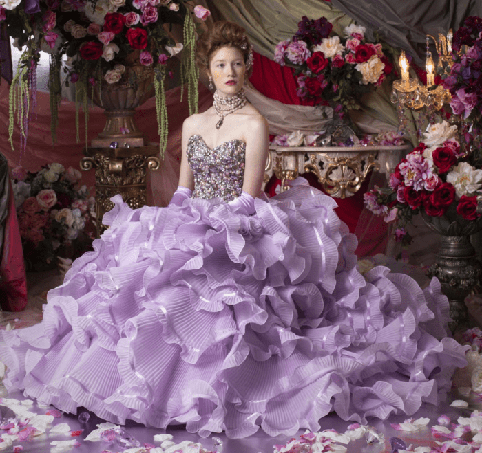 Purple and grey wedding dress