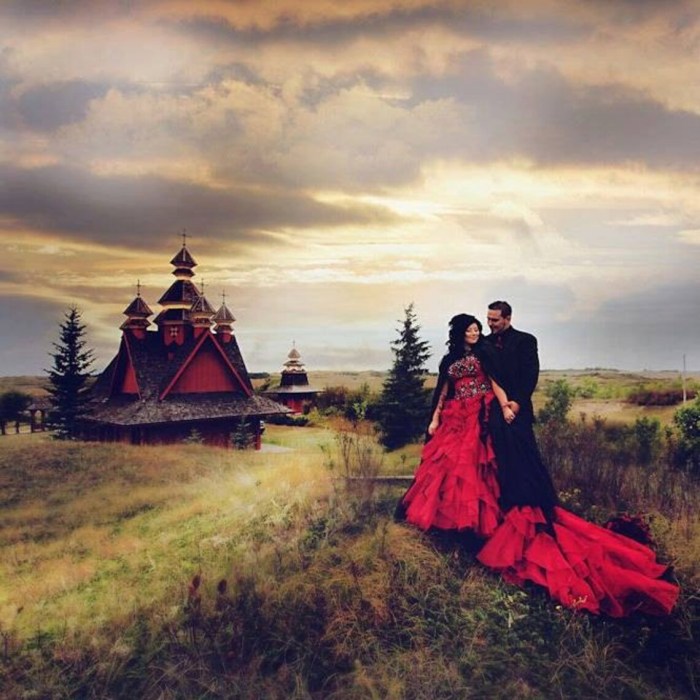 Red black white wedding dress